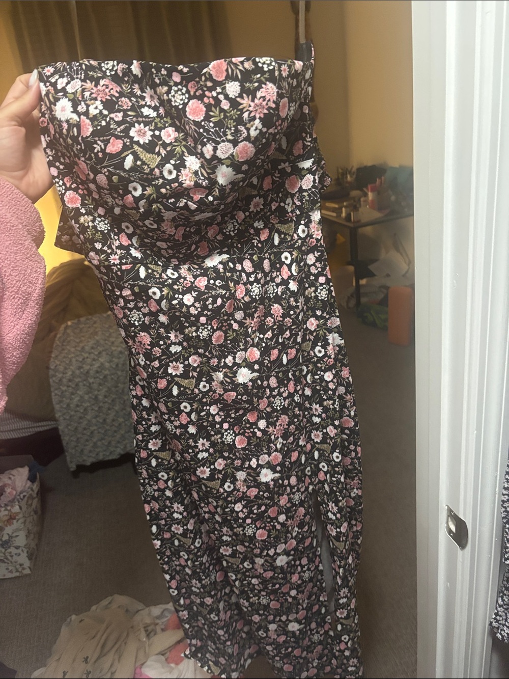 Strapless Floral Midi Dress in Black with slit